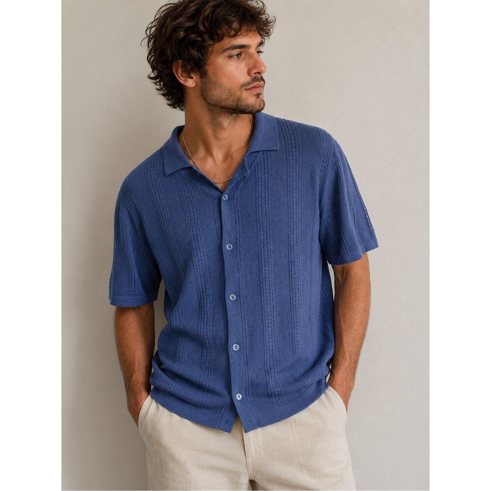 NWT Threadbare Textured Knit Shirt Blue Button Front Short Sleeve XXL Mens